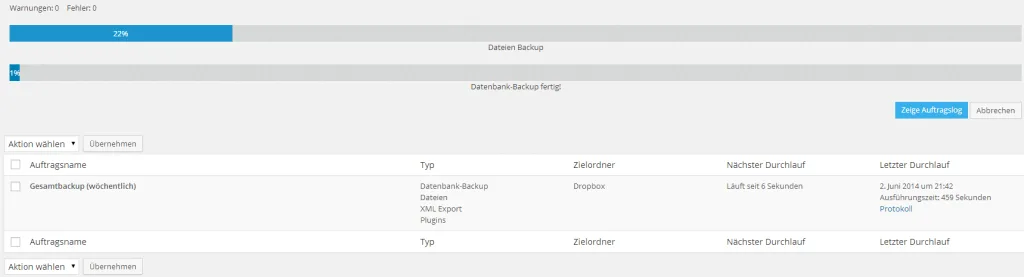 Abb. 4: Laufendes Backup durch BackWPup.