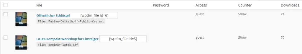 Abb. 7: Übersicht einiger Dateien im Download Manager Plugin.
