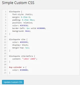 Abb. 15: Eigene CSS-Anweisungen im Simple Custom CSS Plugin.