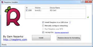 Abb. 1: Oberfläche zur Raspbmc-Installation unter Windows inklusive USB-Option.